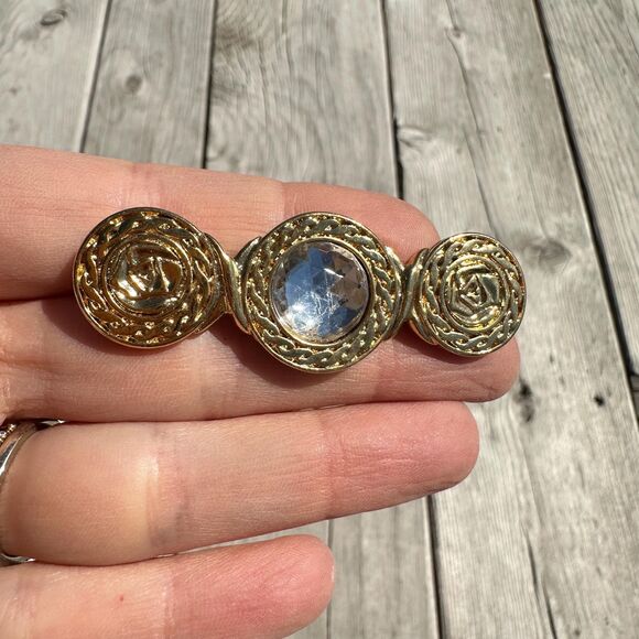 Vintage Jewelry Liz Claiborne Gold Tone Circle Bar Pin with Faux Stone Brooch - Picture 1 of 3